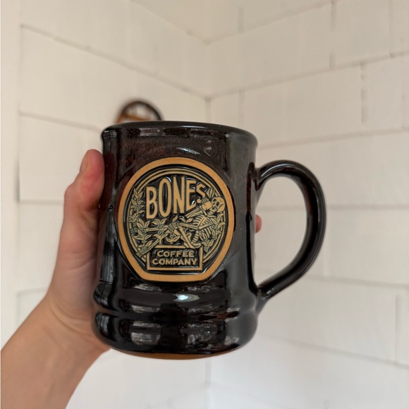 Bones Coffee Company Skeleton drinking coffee dark brown pottery style mug - Picture 2 of 5